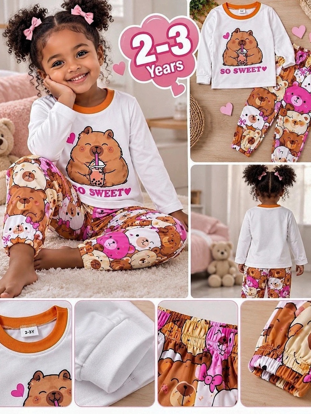 Bellabu Bear Capybara Boba Bamboo Kids Pajamas Pajama Set Girls 2T